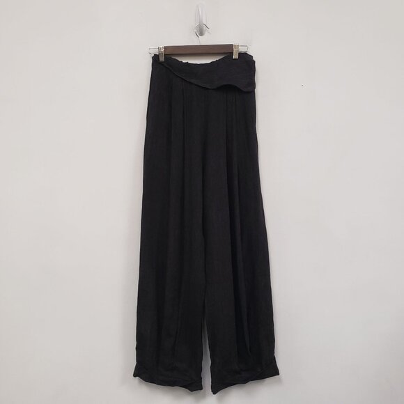 Vintage Mizono Womens Linen Wide Leg Pants Size M Black High Rise Boho Career - Picture 1 of 13